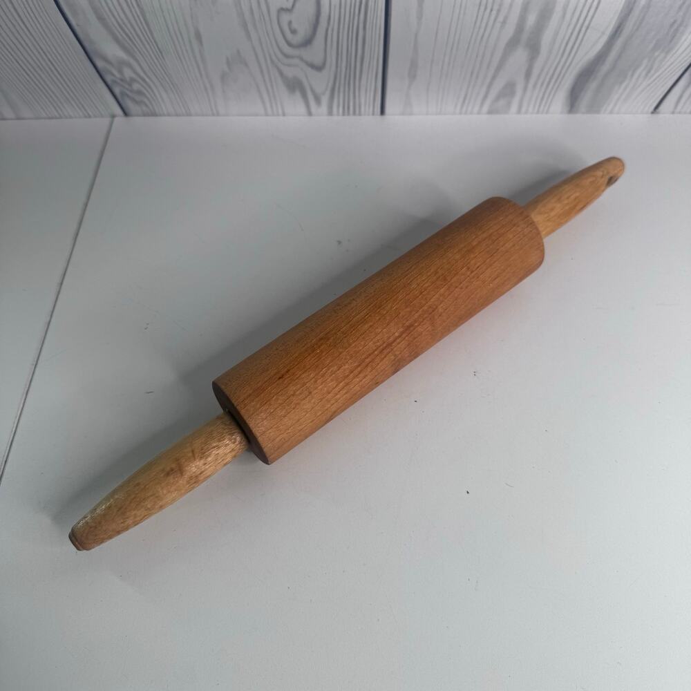 Vintage Wooden Rolling Pin 14” Farmhouse Rustic Kitchen Decor Hanging Hole